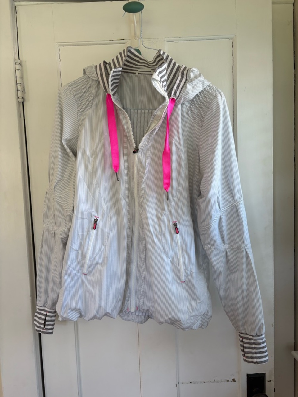 Lululemon Lightweight White Pinstripe Jacket with Pink Accents
